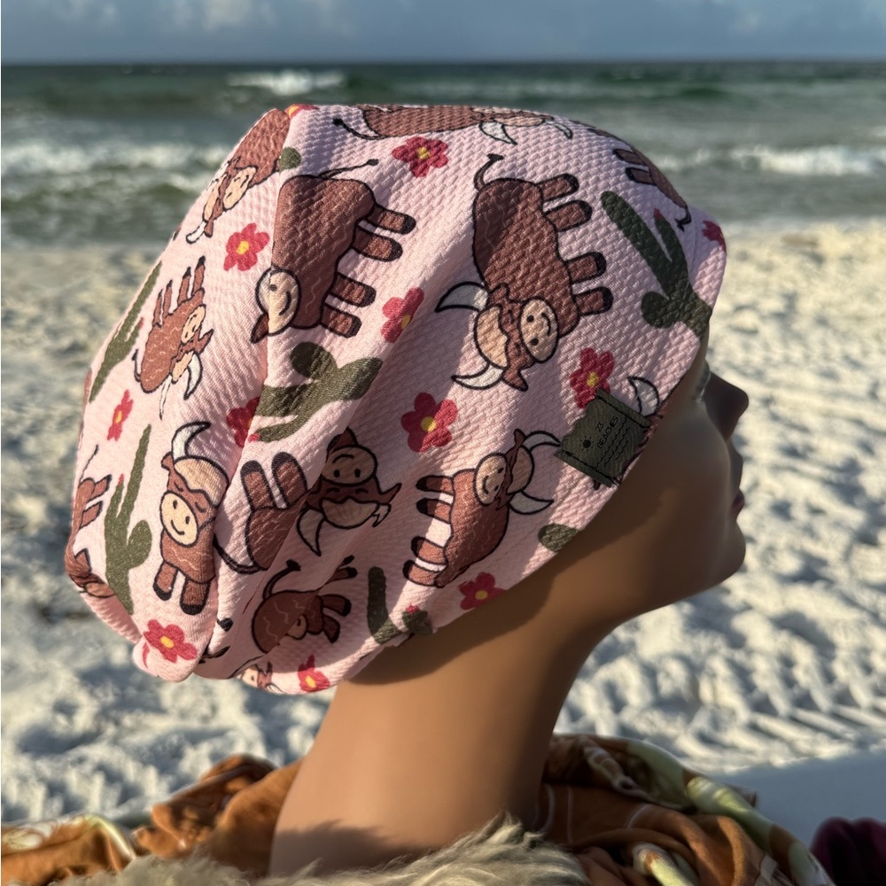 Boho Western Cute Cow and Flowers adorable scrub caps